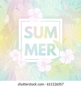 Light vector tropical background with palm leaves and exotic flowers.