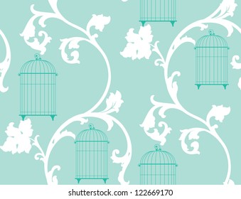 light vintage background with bird cages and white leaf