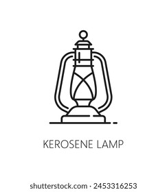 Icono de línea delgada de lámparas de queroseno ligeras y vintage. Miner equipo de luz vintage, linterna de queroseno retro, camping viejo gas o lámpara de aceite símbolo de Vector lineal o contorno pictograma