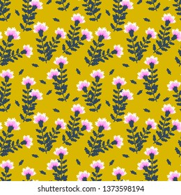 light violet carnations with dark blue leaves on a yellow background