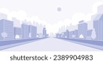 Light violet cityscape background. City buildings with trees beside the road. Monochrome urban landscape with street. Modern architectural panorama in flat style art. Vector illustration wallpaper