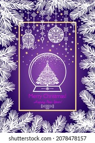 Light violet magic Christmas card with conifer branch vignette, hanging craft decoration and glowing globe with Xmas tree. Can be used for winter holiday greetings, party invitation, seasonal sales