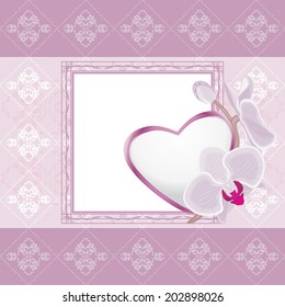 Light violet ornamental frame with heart and blooming orchids. Vector