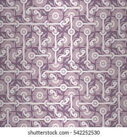 Light violet ornamental seamless pattern in ethnic style. Shining, symmetrical design for curtain, ads, fabric or other purpose. Retro motif. Vector background. Flat mosaic repeatable backdrop.