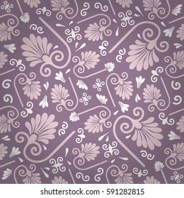 Light violet ornamental seamless pattern in ancient style. Equable puzzle repeatable backdrop. Vivid, symmetrical design for carpet, surface, textile or other purpose. Contemporary motif.