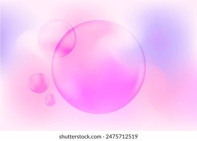 Light violet, pink liquid soap bubbles or jelly circles, floating over a fluid gradient background. Elegant glowing presentation design for cosmetology, beauty science, skin care molecular concept.