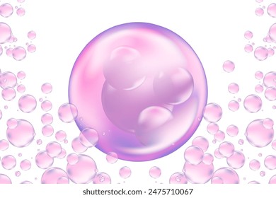 Burbujas de jabón líquido de color violeta claro o púrpura claro o círculos de partículas, flotando sobre un fondo transparente. Elegante composición brillante para cosmetología, ciencias de la belleza, cuidado de la piel concepto molecular.