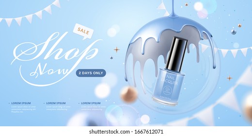 Light violet tone nail lacquer floating in the transparent bubbles with party flags decoration, 3d illustration product ads