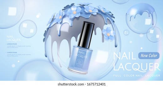 Light violet tone nail lacquer floating in the transparent bubbles with flowers and liquid on it, 3d illustration product ads