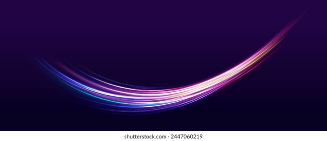 Light vortex. Neon lines with light effect on black background. Expressway with night headlights of cars in long exposure. Vector illustration for futuristic design, for sports and neon design.	
