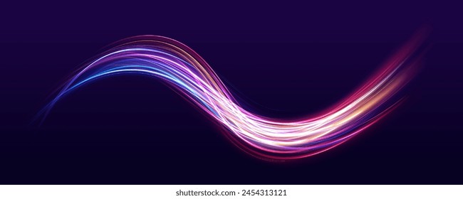 Light vortex. Neon lines with light effect on black background. Expressway with night headlights of cars in long exposure. Vector illustration for futuristic design, for sports and neon design.	
