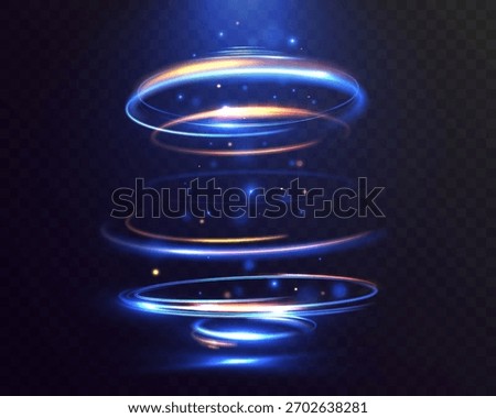 Light vortex spiral with glowing energy rings, magic swirl portal effect, bright rotating circular light trail with particles on transparent background.
