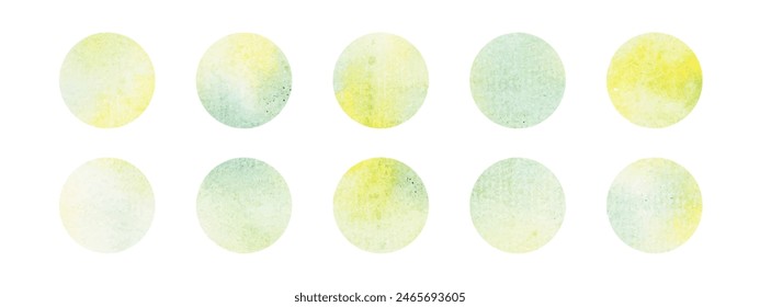 Light Watercolor elements drawn on paper. Circle Frames of yellow and green background. Hand drawn collection in watercolor spots. Delicate Paper texture.