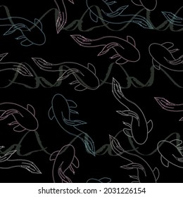 Light watercolor fishes on the black background. Seamlessly tiling fish pattern. Koi carp fishes vector illustration, multicolored swimming oriental goldfish set isolated on dark background