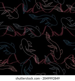Light watercolor fishes on the black background. Seamlessly tiling fish pattern. Vector illustration