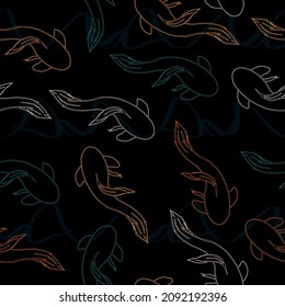Light watercolor fishes on the black background. Seamlessly tiling fish pattern. Classical tropical sea, wave, fishes, corals, fashion seamless pattern in blue, brown and green colors.