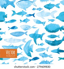 Light watercolor fishes. Seamlessly tiling fish pattern. Vector.