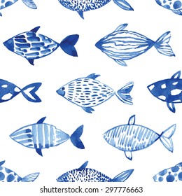 Light watercolor fishes. Seamlessly tiling fish pattern. Vector.