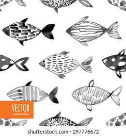 Light watercolor fishes. Seamlessly tiling fish pattern. Vector.