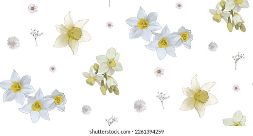 Light watercolor floral print - seamless background. Endless pattern with yellow flowers on white. Daffodils and Chamomile plants. Vector Stylish illustration, children - babies, spring, summer design