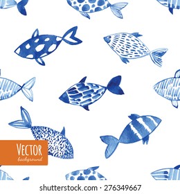 Light watercolor indigo blue fishes. Seamlessly tiling fish pattern. Vector. 