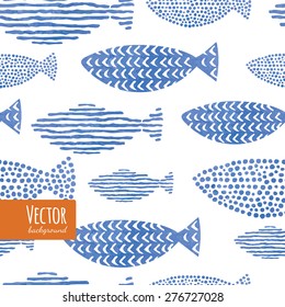 Light watercolor indigo blue fishes. Seamlessly tiling fish pattern. Vector.