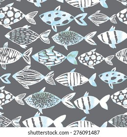 Light watercolor white fishes on the gray background. Seamlessly tiling fish pattern. Vector.