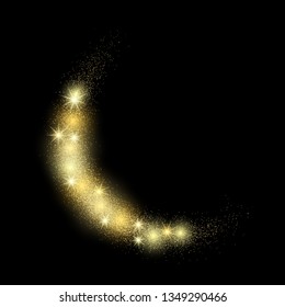 Light Wave with Gold Glitter Effect on a black background. Abstract swirl lines. Vector illustration