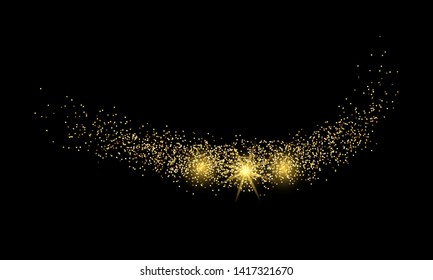 Light Wave with Gold Glitter Effect on a black background. Abstract swirl lines. Vector illustration