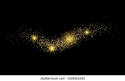 Light Wave with Gold Glitter Effect on a black background. Abstract swirl lines. Vector illustration
