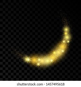 Light wave with gold glitter effect on a dark transparent background. Abstract swirl lines. Vector illustration