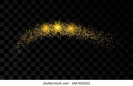 Light wave with gold glitter effect on a dark transparent background. Abstract swirl lines. Vector illustration