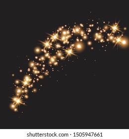 Light wave with golden glitter effect on a dark transparent background. Abstract swirl lines. Vector illustration
