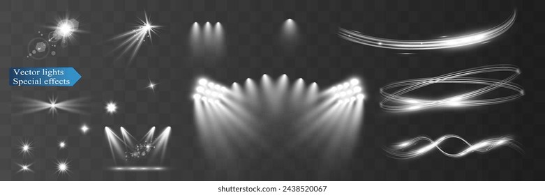 Lichtwellen-Glanz-Spotlight-Effekt, Vektor-Glow-Line-Funkel-Glanz. Wellenförmige Silbereffekte.