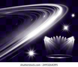 Light wave shine spotlight effect,vector glow line sparkle shine. Silver wavy effects.	