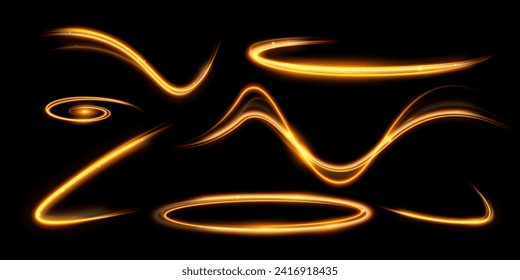 Light wave of shiny gold lines.Gold color glowing design element.Wavy bright stripes.