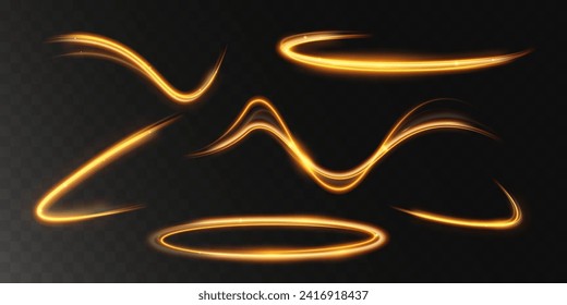 Light wave of shiny gold lines.Gold color glowing design element.Wavy bright stripes.