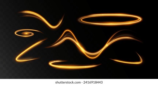 Light wave of shiny gold lines.Gold color glowing design element.Wavy bright stripes.