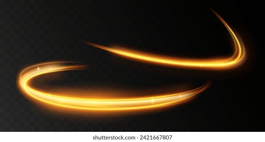 Light wave of shiny gold lines.Gold color glowing design element.Wavy bright stripes.