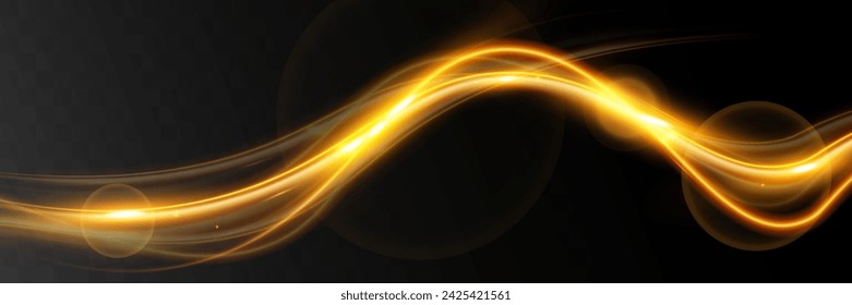 Light wave of shiny gold lines.Gold color glowing design element.Wavy bright stripes.