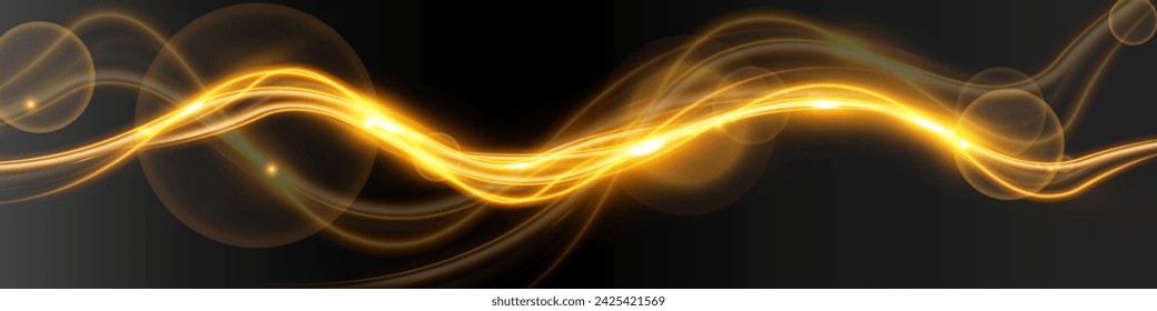 Light wave of shiny gold lines.Gold color glowing design element.Wavy bright stripes.