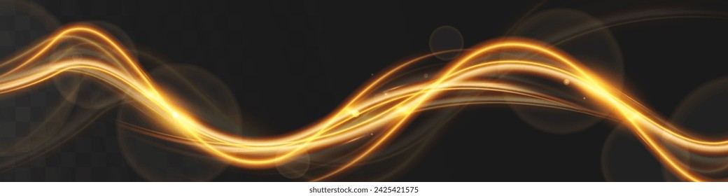 Light wave of shiny gold lines.Gold color glowing design element.Wavy bright stripes.