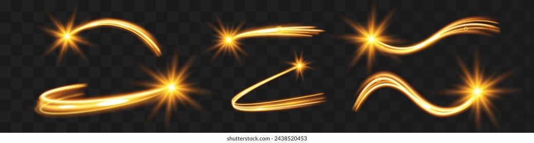 Light wave of shiny gold lines.Gold color glowing design element.Wavy bright stripes.	