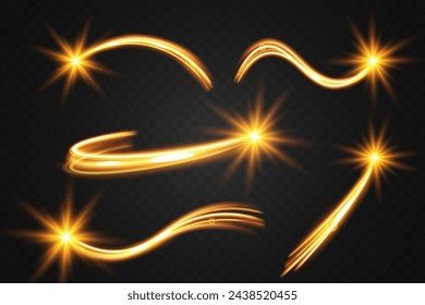 Light wave of shiny gold lines.Gold color glowing design element.Wavy bright stripes.	