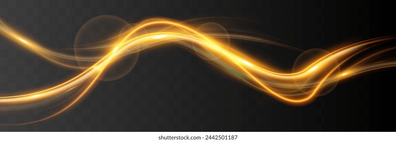 Light wave of shiny gold lines.Gold color glowing design element.Wavy bright stripes.