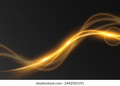 Light wave of shiny gold lines.Gold color glowing design element.Wavy bright stripes.