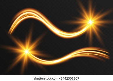 Light wave of shiny gold lines.Gold color glowing design element.Wavy bright stripes.