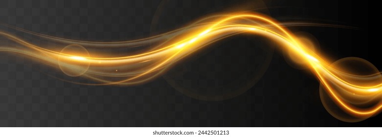 Light wave of shiny gold lines.Gold color glowing design element.Wavy bright stripes.