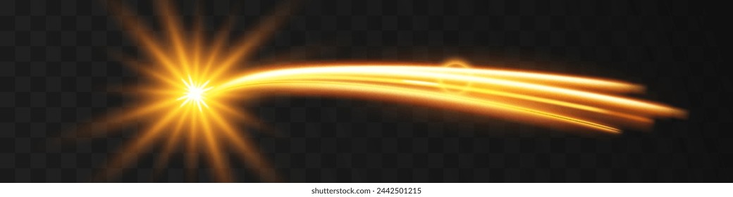 Light wave of shiny gold lines.Gold color glowing design element.Wavy bright stripes.