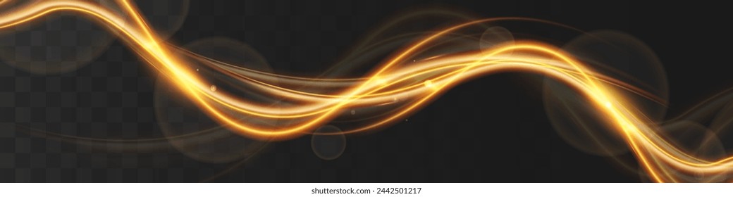 Light wave of shiny gold lines.Gold color glowing design element.Wavy bright stripes.